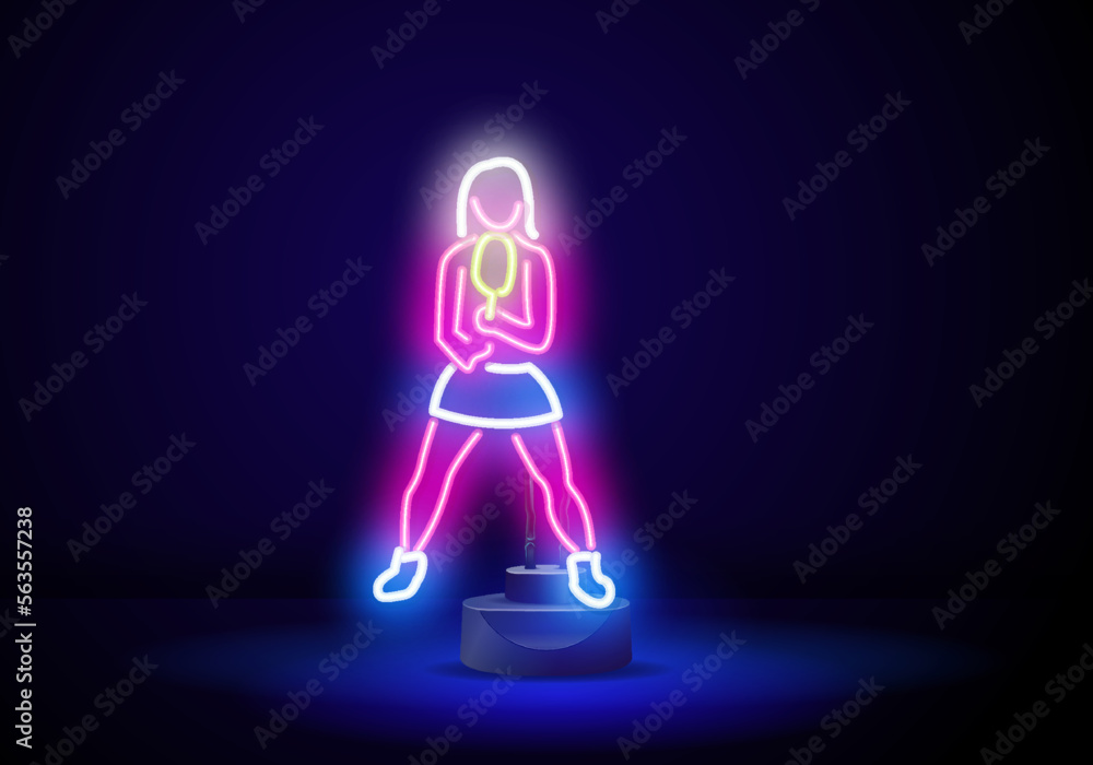 Professional woman tennis player illustration. Green linear neon tennis player on a black background.