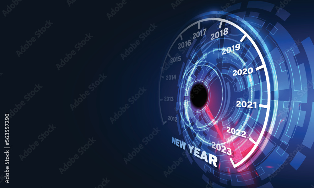 New year 2023 car speedometer, red indicator on black blur background New year 2023 car speedometer, red indicator on black blur background