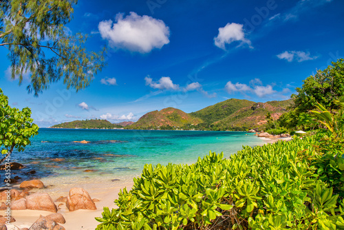 Amazing tropical landscape of Praslin, Seychelles. Beach and vegetation