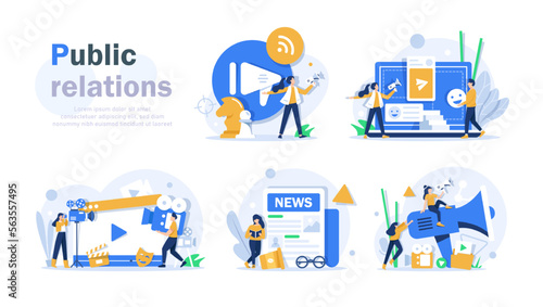 PR, Marketing campaign, Public relations. announcements through mass media to advertise your business. Vector illustration for web banner, mobile. Management and marketing strategy