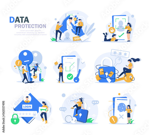 Data protection vector illustration. Cartoon flat smartphone with lock on screen, internet security service for social media privacy information, secure payment with password protection landing page