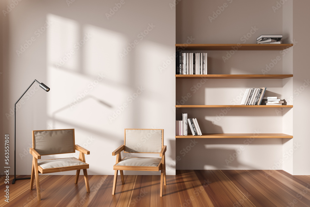 Light stylish chill interior with two seats and shelf. Mockup wall Light stylish chill interior with two seats and shelf. Mockup wall