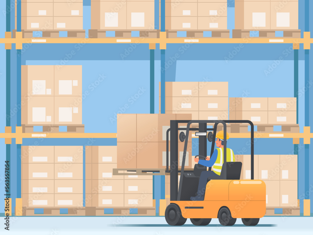 Naklejka premium Forklift operator is placing goods on a stacker in a warehouse. Vector illustration