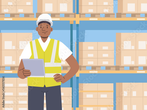 African American warehouse manager with a tablet in his hands against the background of racks with goods. Warehouse logistics worker