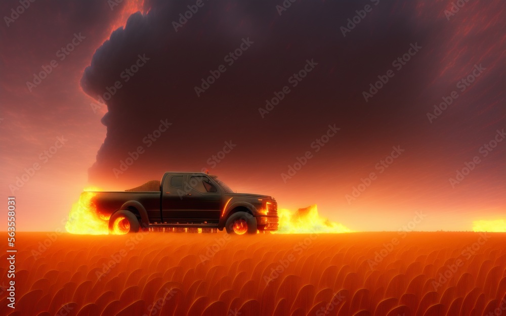 Pickup truck on fire in a wheat field during a firestorm. Created with generative AI