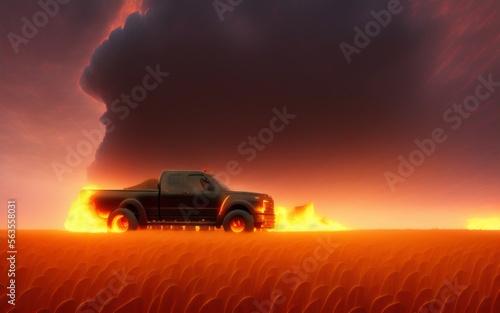 Pickup truck on fire in a wheat field during a firestorm. Created with generative AI © Vuxelle