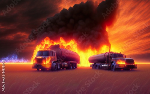 Two fuel tankers on fire in a wheat field,. Created with Generative AI