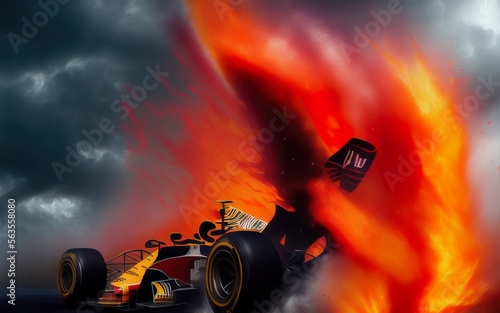 Formula One Race car in Flames. Created by generative AI 