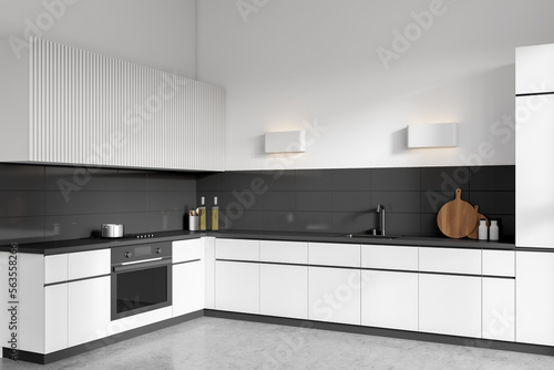 Light kitchen interior with shelves and kitchenware  cooking corner