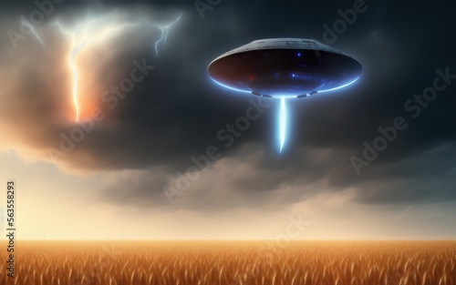UFO flying over a wheat field. Created with Generative AI