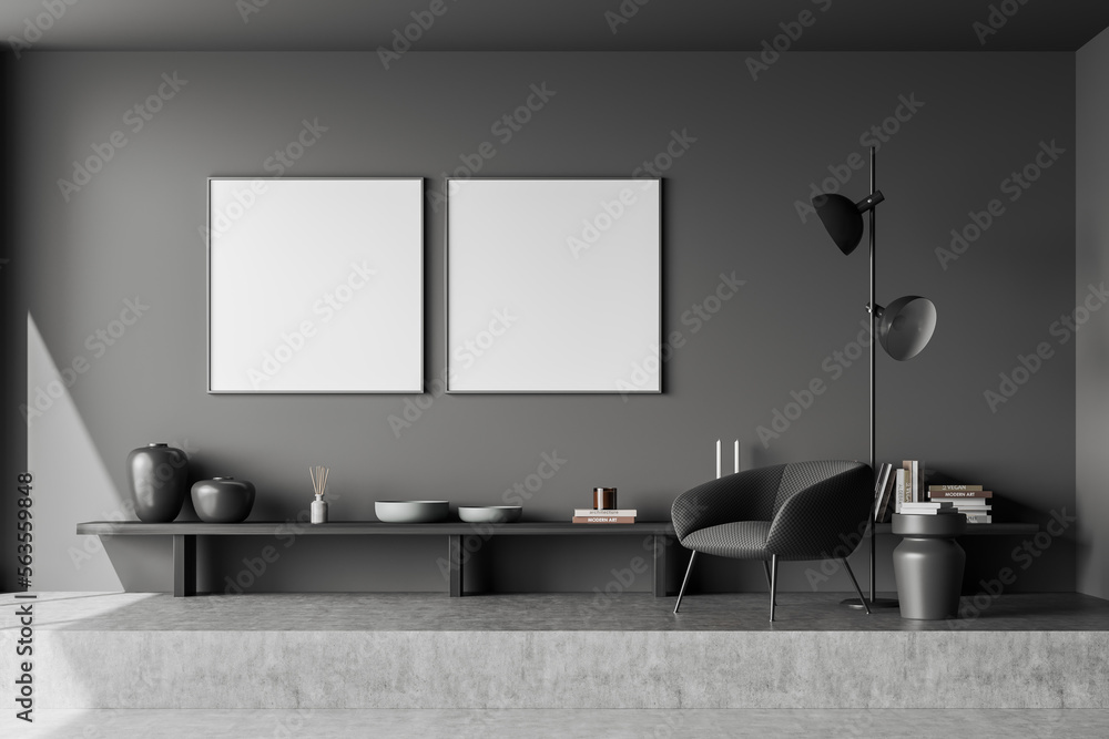 Fototapeta premium Dark living room interior with two empty white posters
