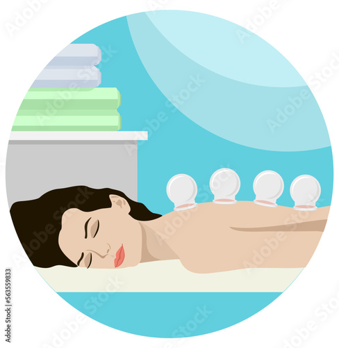Young woman enjoying wellness SPA physiotherapy. Cupping treatment SPA as vacuum therapy. Alternative medicine and acupressure rehabilitation method for wellness, recreation. Vector illustration