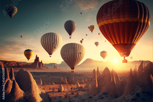 many hot air balloon in sunset. Cappadocia, . Generative AI