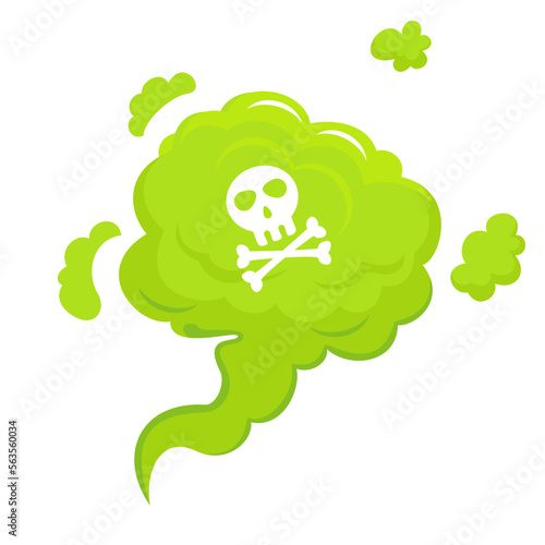 Green gas with a skull icon. Smelling green cartoon fart cloud vector illustration with cross bone skull. Bad stink or deadly gas. Cartoon smoke cloud isolated on white background. Flat style