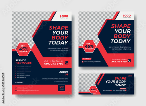 Gym flyer design template. Flyer, social media post and facebook cover design template for gym and fitness. Gym poster, banner and flyer template design set.
