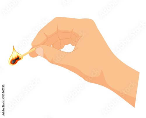 Hand holding burning wooden match stick. Match with fire. Flat design. Lighting concept. Vector illustration isolated on white background.