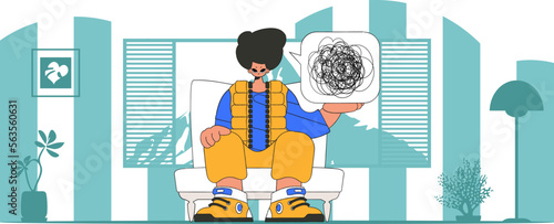 A person consumed by a sense of hopelessness and despair. The man demonstrates that he is lost in the depths of his own mind.
