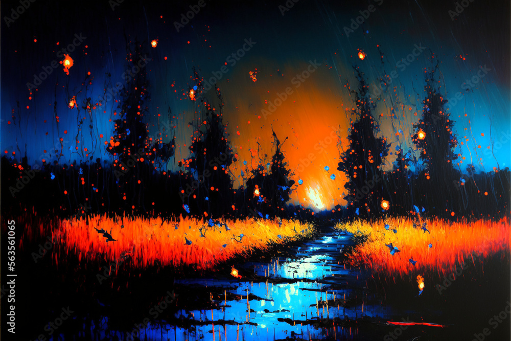 firefly in the night sky with burning woods