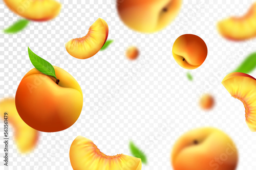 Peach background. Flying whole and slices of peach with blurry effect. Can be used for wallpaper, banner, poster, print. Realistic 3d vector design