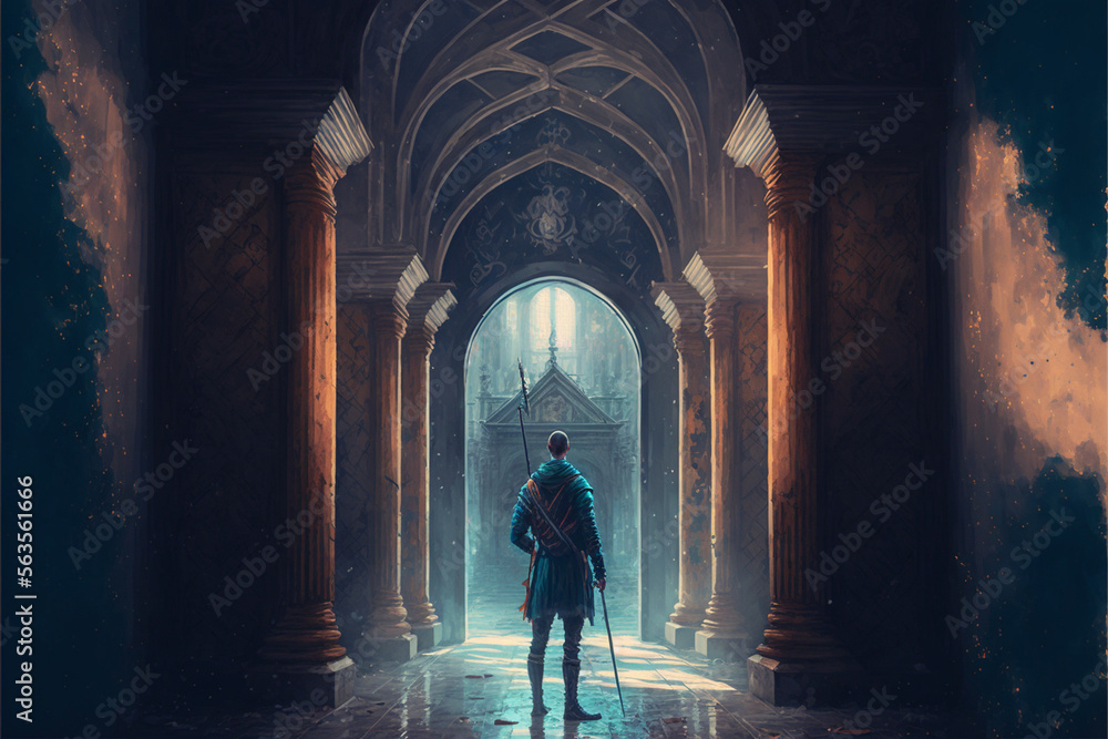 man with a spear standing in front of the hallway leading to the mysterious castle,  Generative AI	