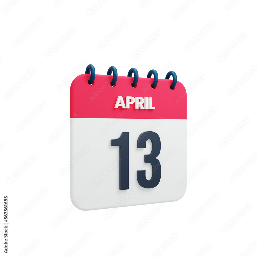 April Realistic Calendar Icon 3D Rendered Date April 13 April Realistic Calendar Icon 3D Rendered Date April 13