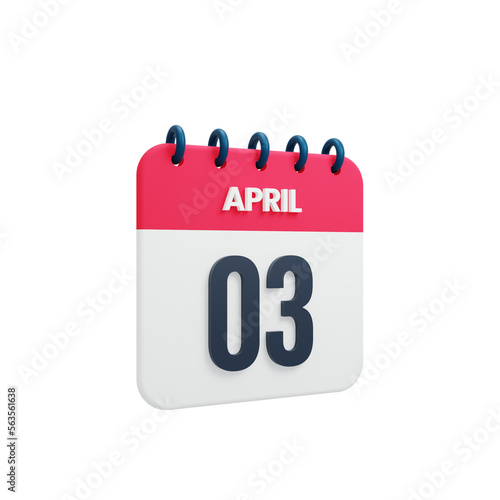 April Realistic Calendar Icon 3D Rendered Date April 03