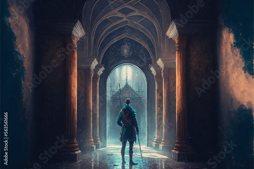 man with a spear standing in front of the hallway leading to the mysterious castle   Generative AI 