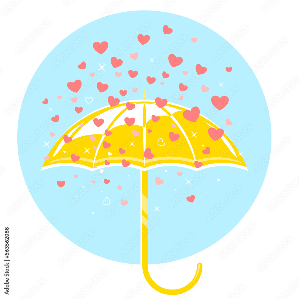 Yellow umbrella and rain of hearts conceptual isolated illustration in flat style, popularity in social networks, many likes hearts on social networks