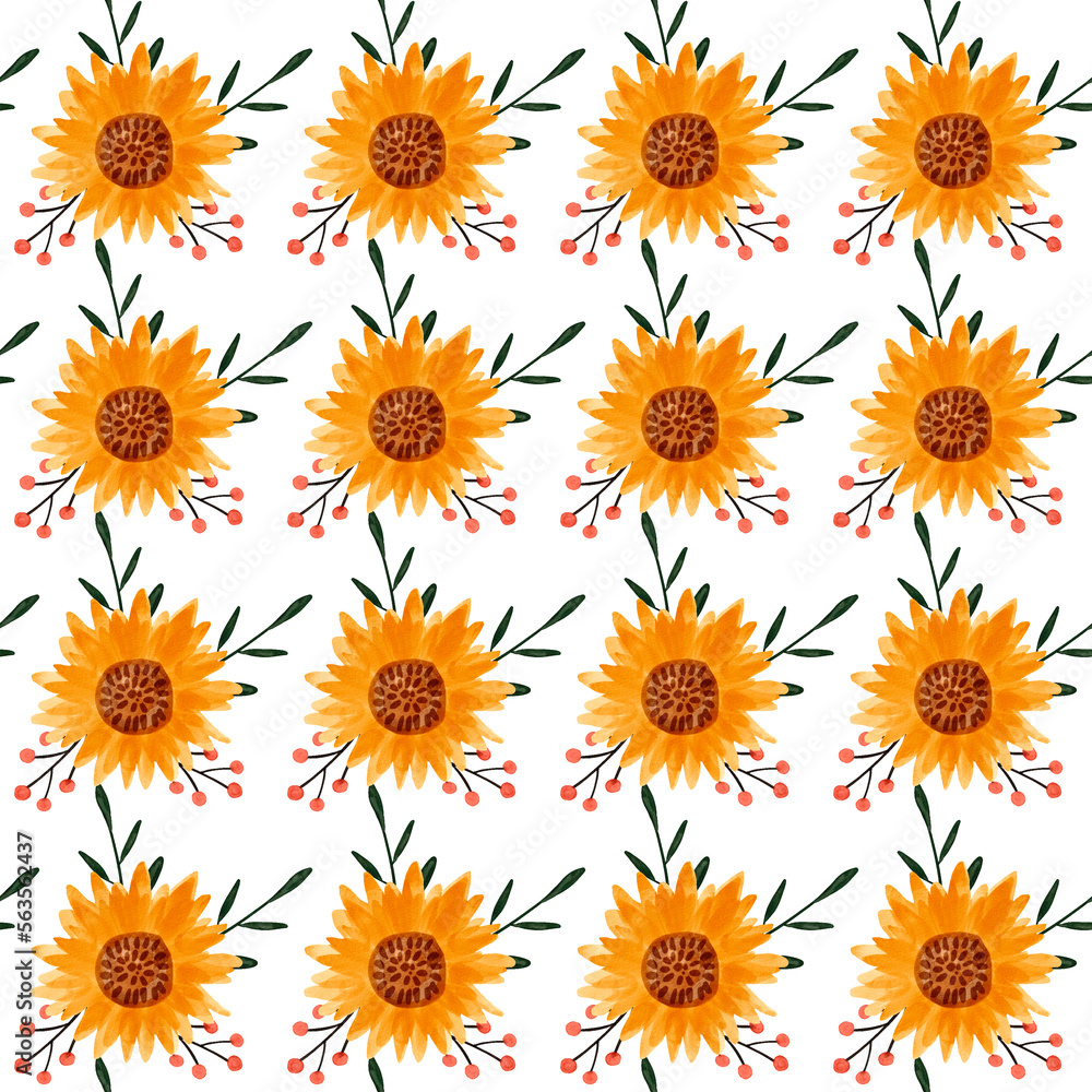 Sunflower watercolor seamless pattern. Yellow flowers garden farmhouse background. Summer flowers, autumn harvest flower with floral elements hand drawn illustration on white background Sunflower watercolor seamless pattern. Yellow flowers garden farmhouse background. Summer flowers, autumn harvest flower with floral elements hand drawn illustration on white background