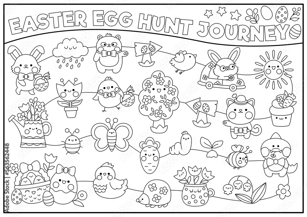 Vector black and white Easter egg hunt journey game with holiday symbols. Line kawaii spring planner, maze, advent countdown calendar for kids. Festive garden coloring page with bunny, chick.