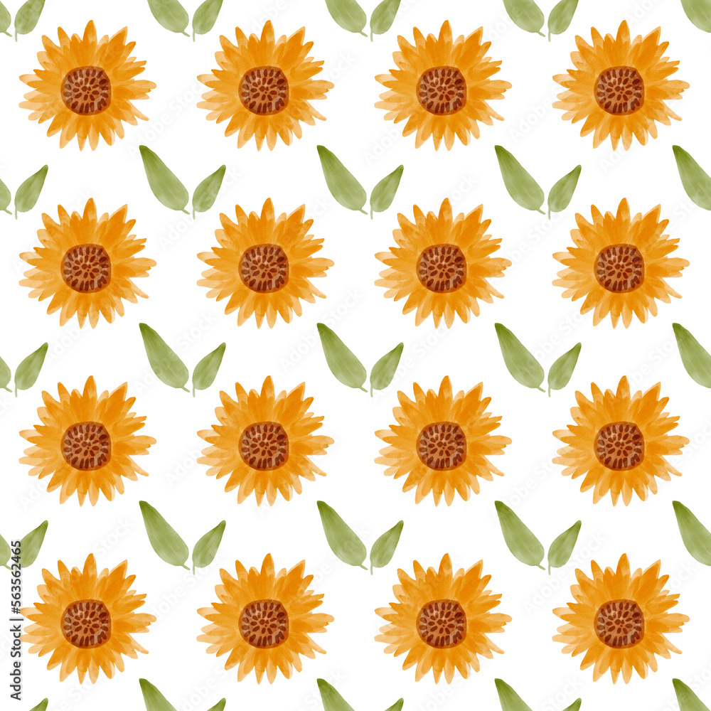 Sunflower watercolor seamless pattern. Yellow flowers garden farmhouse background. Summer flowers, autumn harvest flower with floral elements hand drawn illustration on white background Sunflower watercolor seamless pattern. Yellow flowers garden farmhouse background. Summer flowers, autumn harvest flower with floral elements hand drawn illustration on white background