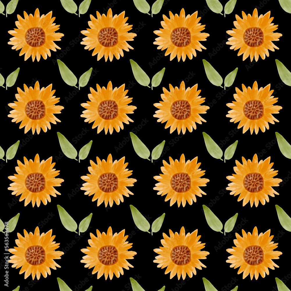 Sunflower watercolor seamless pattern. Yellow flowers garden farmhouse background. Summer flowers, autumn harvest flower with floral elements hand drawn watercolor illustration on black background Sunflower watercolor seamless pattern. Yellow flowers garden farmhouse background. Summer flowers, autumn harvest flower with floral elements hand drawn watercolor illustration on black background