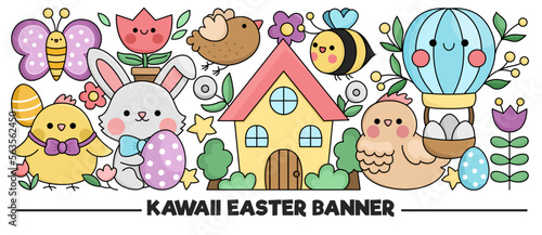 Easter horizontal banner with cute kawaii characters for kids. Vector funny bunny with chick, cottage, flowers, hot air balloon. Cute garden illustration. Funny spring holiday party set for kids.