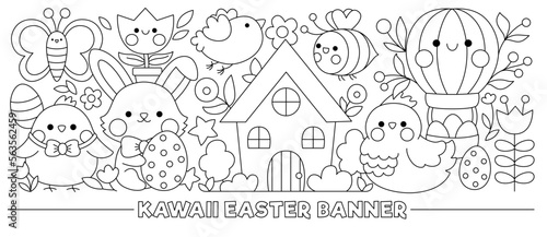 Easter black and white horizontal banner with cute kawaii characters for kids. Vector funny bunny with chick, cottage, flowers. Cute garden illustration. Funny spring holiday coloring page for kids.