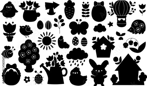 Vector Easter silhouette set. Traditional egg hunt or garden black and white clipart. Shadow collection with bunny, chick, colored eggs, flowers, basket. Spring holiday kawaii cute design.