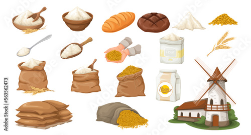 Canvastavla Wheat flour and grains set vector illustration