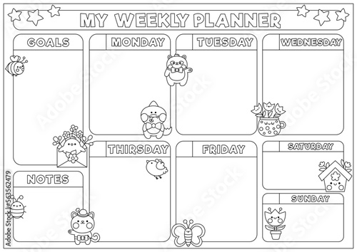 Vector black and white spring weekly planner with traditional symbols. Cute garden calendar or timetable for kids. Easter holiday poster or coloring page with kawaii bumblebee, panda bear.