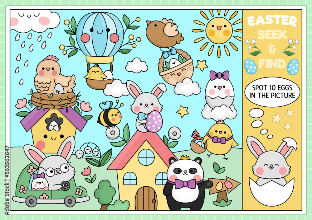 Fototapeta premium Vector Easter searching game with country house and kawaii characters. Spot hidden objects in the picture. Simple spring holiday seek and find page or egg hunt printable activity with bunny.