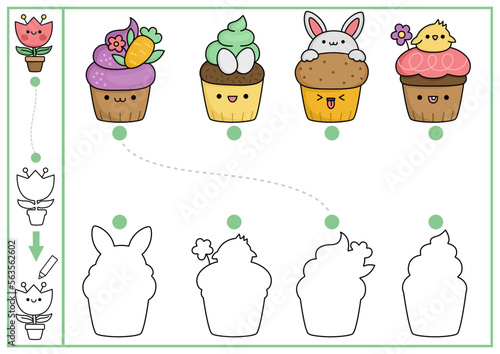 Easter shape matching, coloring and drawing activity. Spring holiday puzzle with cute kawaii cupcakes. Find correct silhouette printable worksheet. Garden page for kids with cup cakes with eggs, bunny