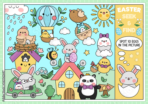 Vector Easter searching game with country house and kawaii characters. Spot hidden objects in the picture. Simple spring holiday seek and find page or egg hunt printable activity with bunny.