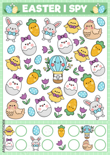 Easter I spy game for kids. Searching and counting activity with cute kawaii holiday symbols. Spring printable worksheet for preschool children. Simple garden spotting puzzle with bunny, eggs.