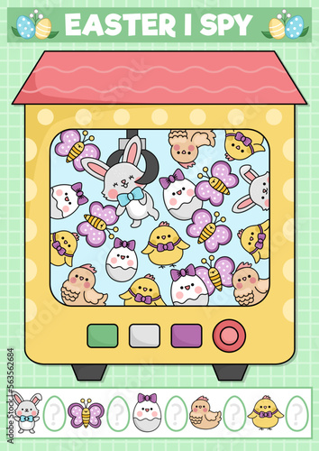 Easter I spy game for kids with toy vending machine. Searching and counting activity with cute kawaii holiday symbols. Spring printable worksheet for preschool children with bunny, eggs, chicks.