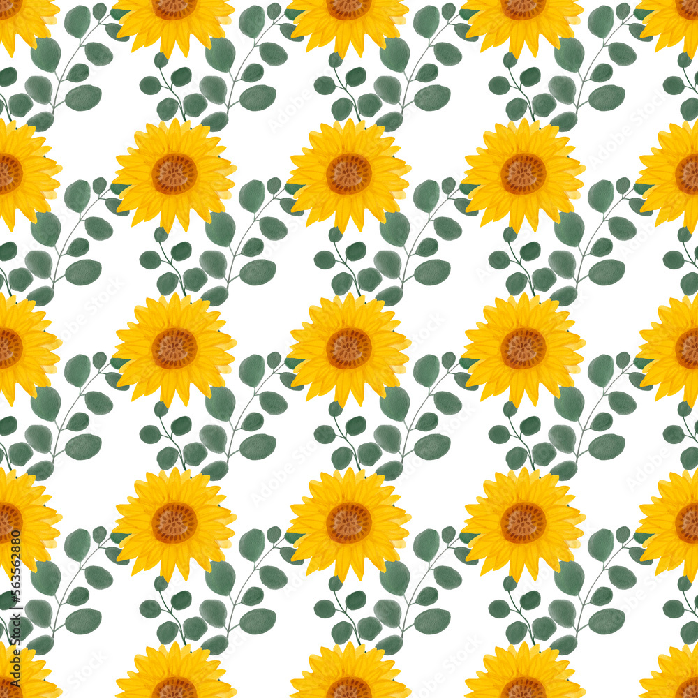 Sunflower watercolor seamless pattern. Yellow flowers garden farmhouse background. Summer flowers, autumn harvest flower with floral elements hand drawn illustration on white background Sunflower watercolor seamless pattern. Yellow flowers garden farmhouse background. Summer flowers, autumn harvest flower with floral elements hand drawn illustration on white background