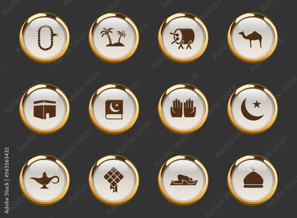 islam gold-rimmed vector icons on dark background. islam icons in gold ...