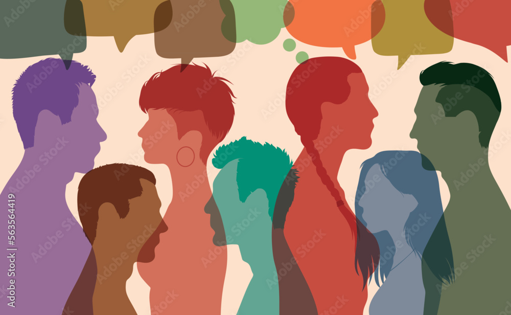 Conversations and profiles in a crowd. Vector Illustration. An example of a speech bubble and communication between people. Group of people from diverse backgrounds engaged in dialogue.