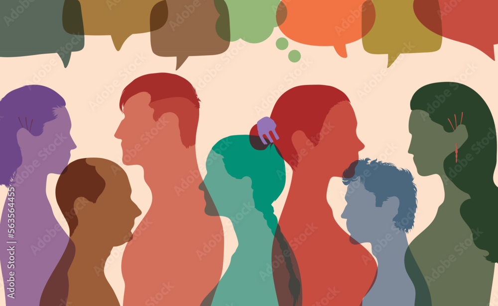Crowd speaks, concept communicates. Vector Illustration. A communication bubble and a social networking site. Several people talking in a group profile.