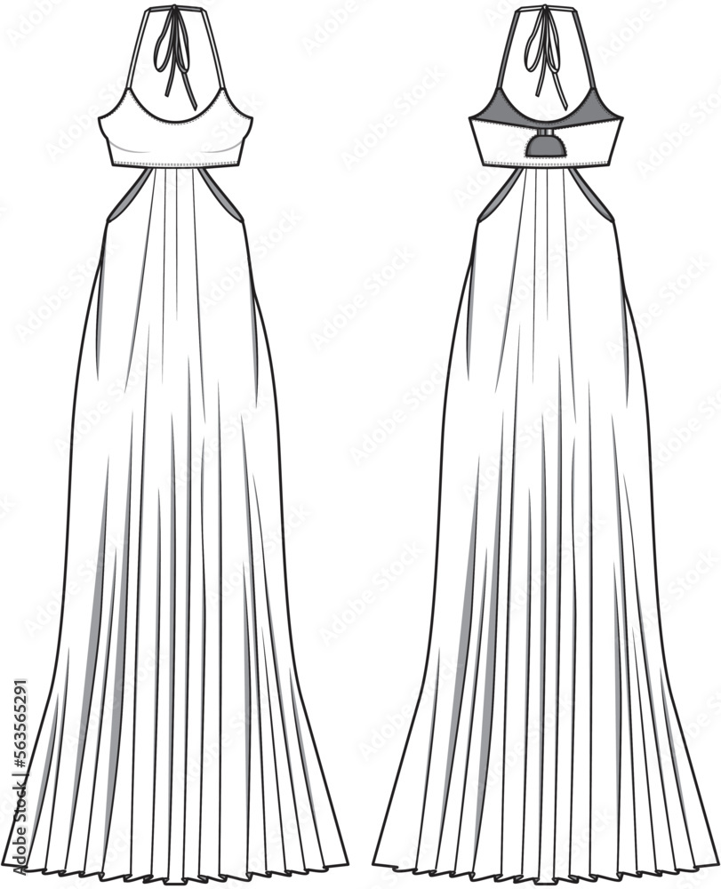Pleated Hem Halter Neck Dress Front and Back View. Fashion Illustration, Vector, CAD, Technical ...