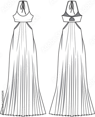 Pleated Hem Halter Neck Dress Front and Back View. Fashion Illustration, Vector, CAD, Technical Drawing, Flat Drawing, Template, Mockup.	