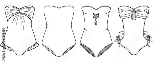 Sweetheart Neckline One Piece Swimsuit Set Fashion Illustration, Vector, CAD, Technical Drawing, Flat Drawing, Template, Mockup