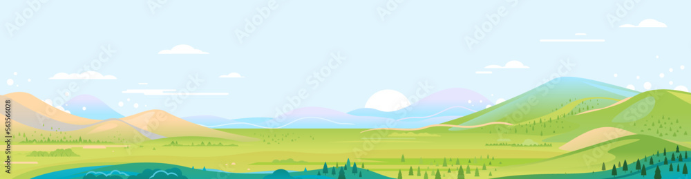 Big panorama of green mountains in sunny day with spruce forest and blue sky in simple geometric form, nature tourism landscape background, travel mountains adventure illustration